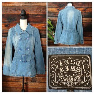 Last Kiss Vintage Jean Jacket XL Belted Double Breasted Button Front Blue Denim